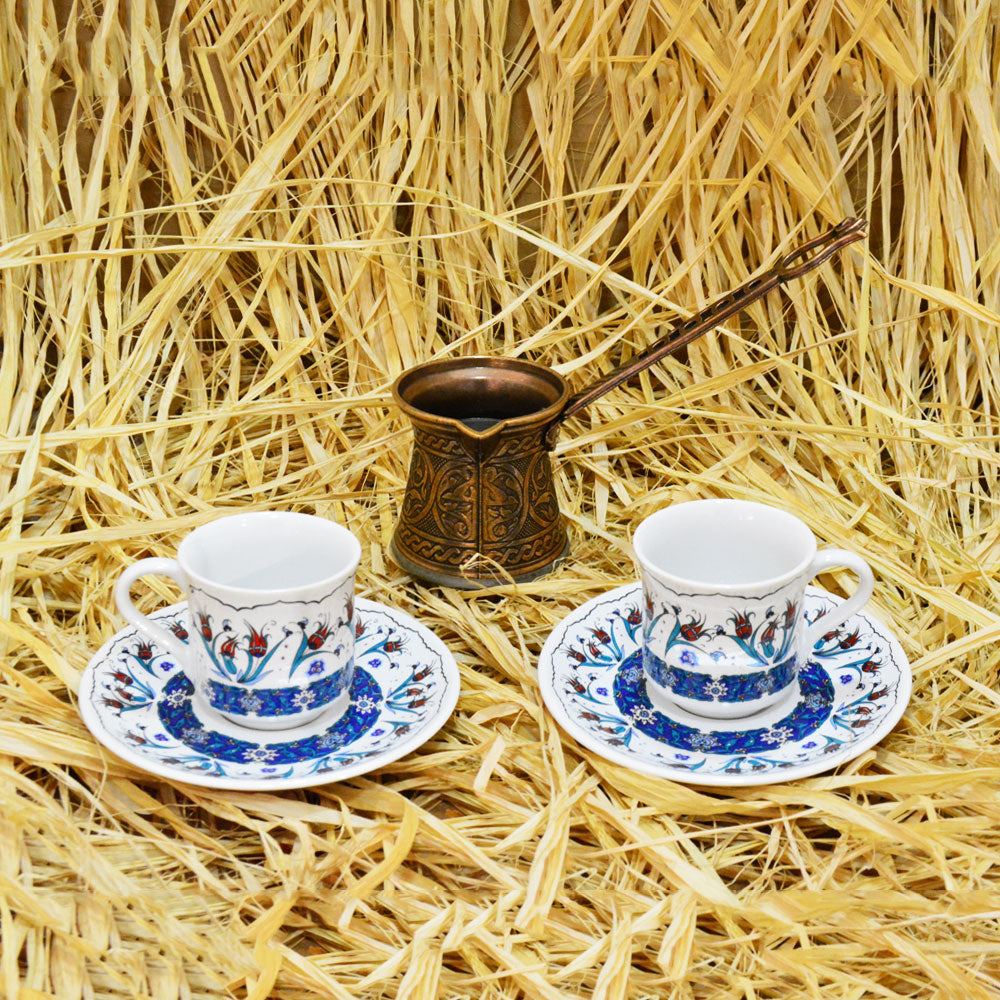 Döküm Cezveli Çini Lale Desenli Porselen Kahve Seti