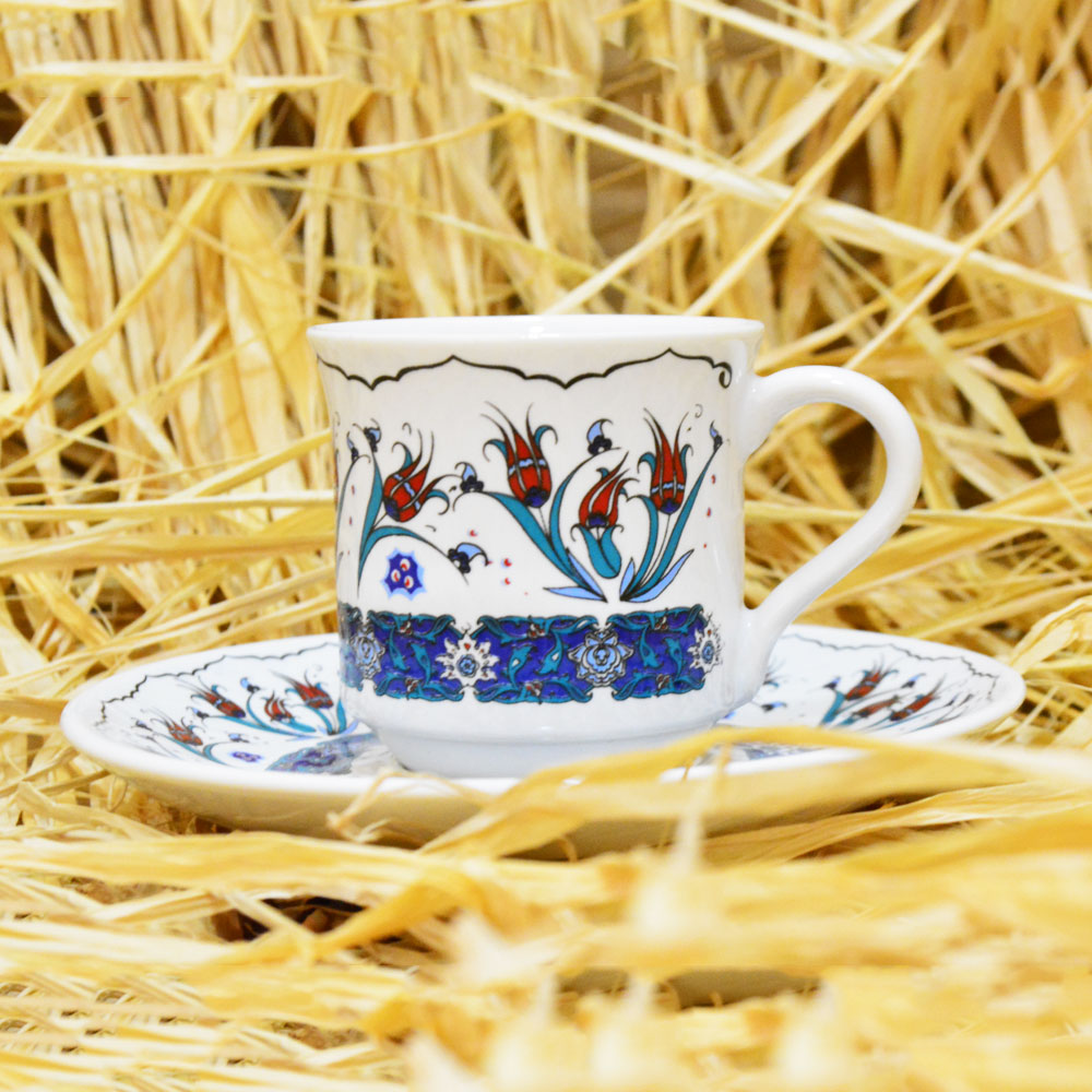 Bakır Cezveli Çini Lale Desenli Porselen Kahve Seti