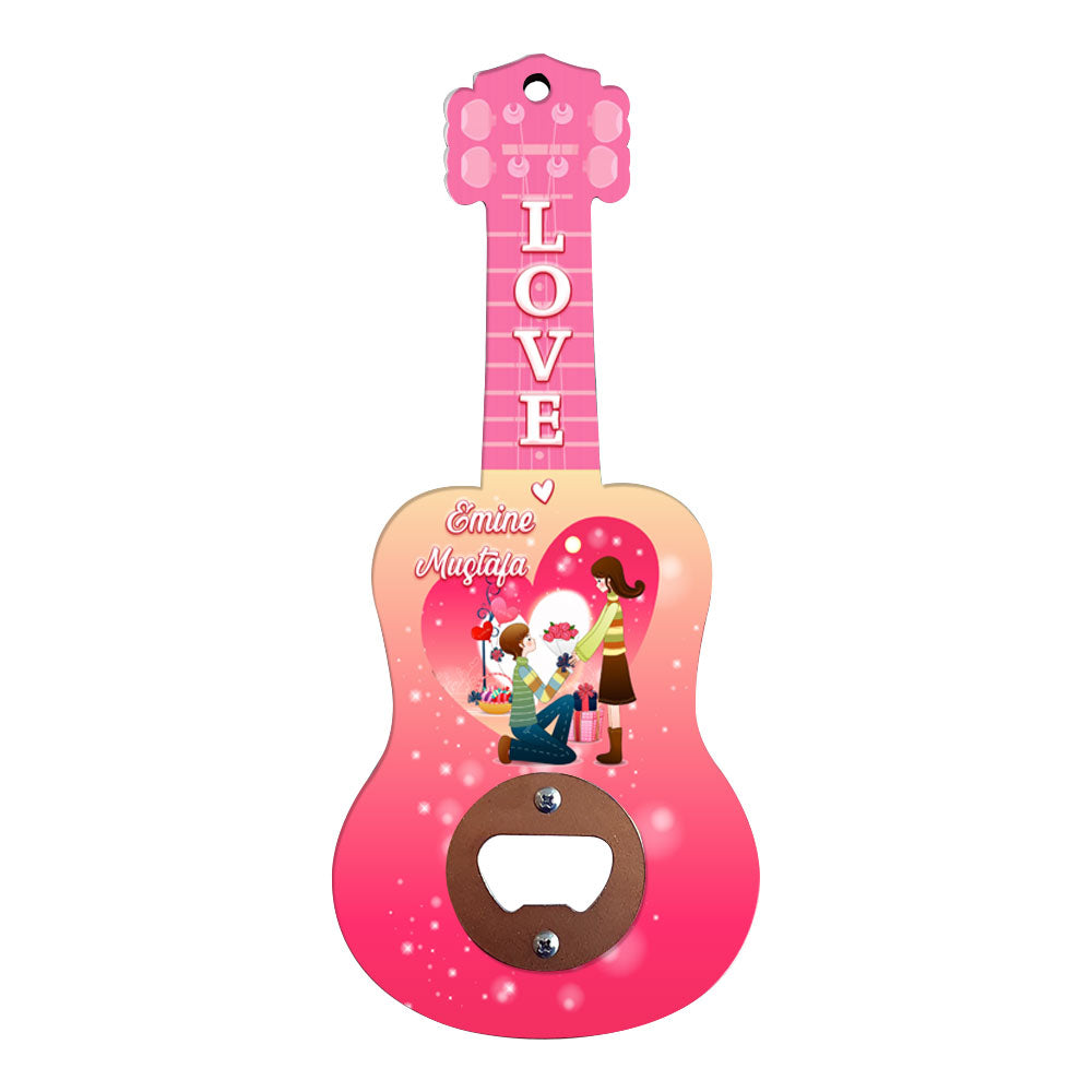 Sevgiliye Özel İsimli Gitar Şeklinde Ahşap Açacak Magnet