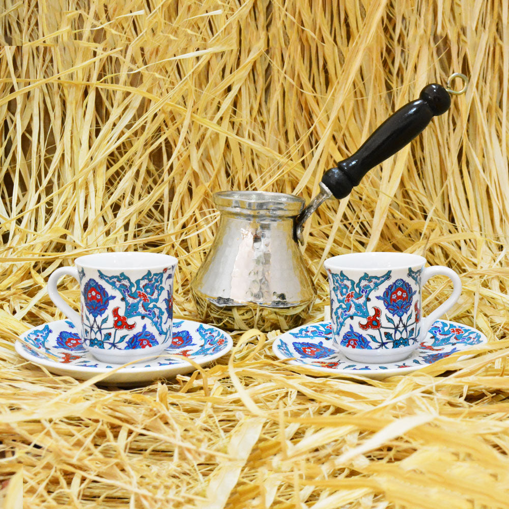 Bakır Cezveli Çini Gül Desenli Porselen Kahve Seti