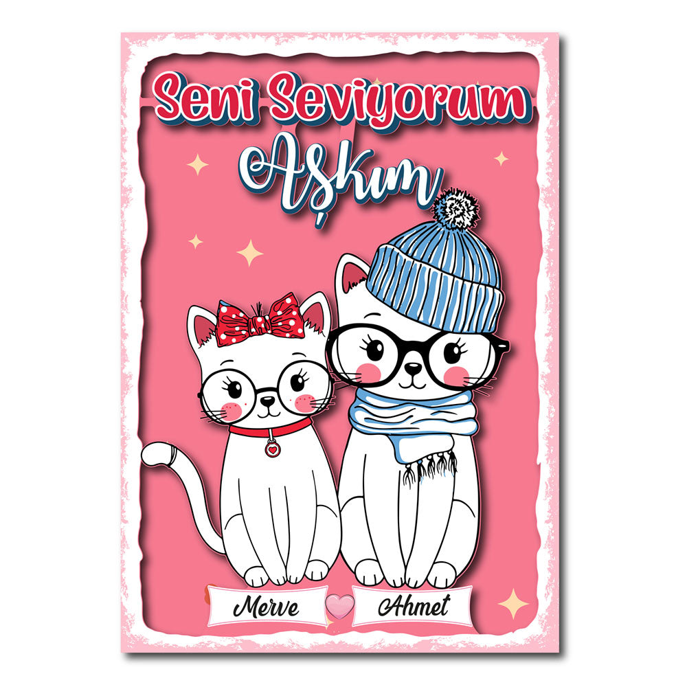 Sevgiliye Özel Aşık Kediler Ahşap Poster