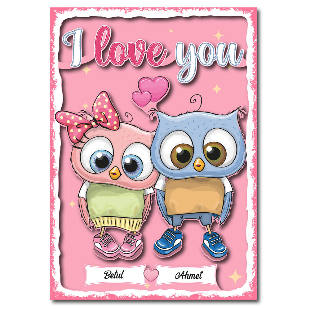 Sevgiliye Özel Sevimli Baykuşlar Ahşap Poster