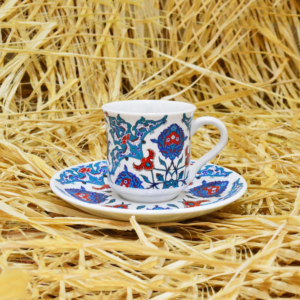 Çini Gül Desenli Porselen Fincan ve Cezve Kahve Seti