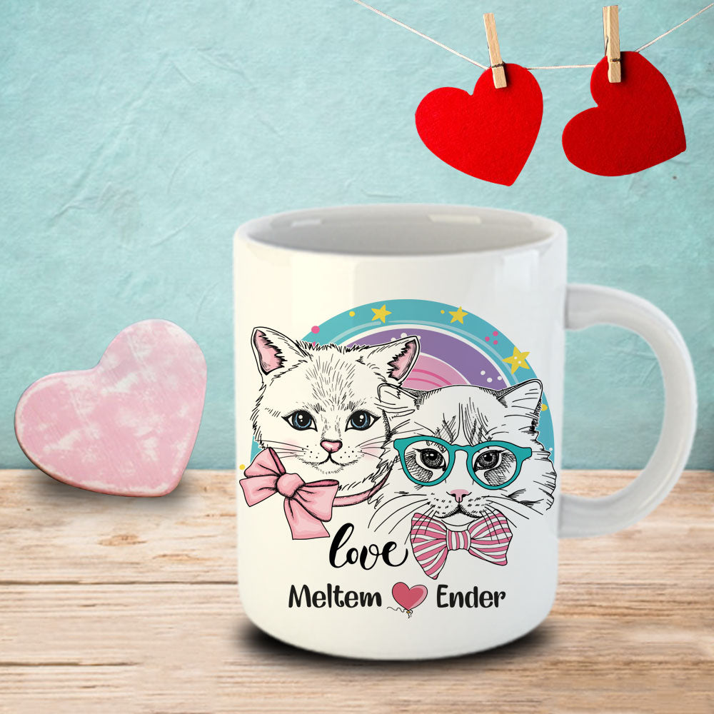 Sevgiliye Özel Sevimli Kediler İsimli Kupa Bardak